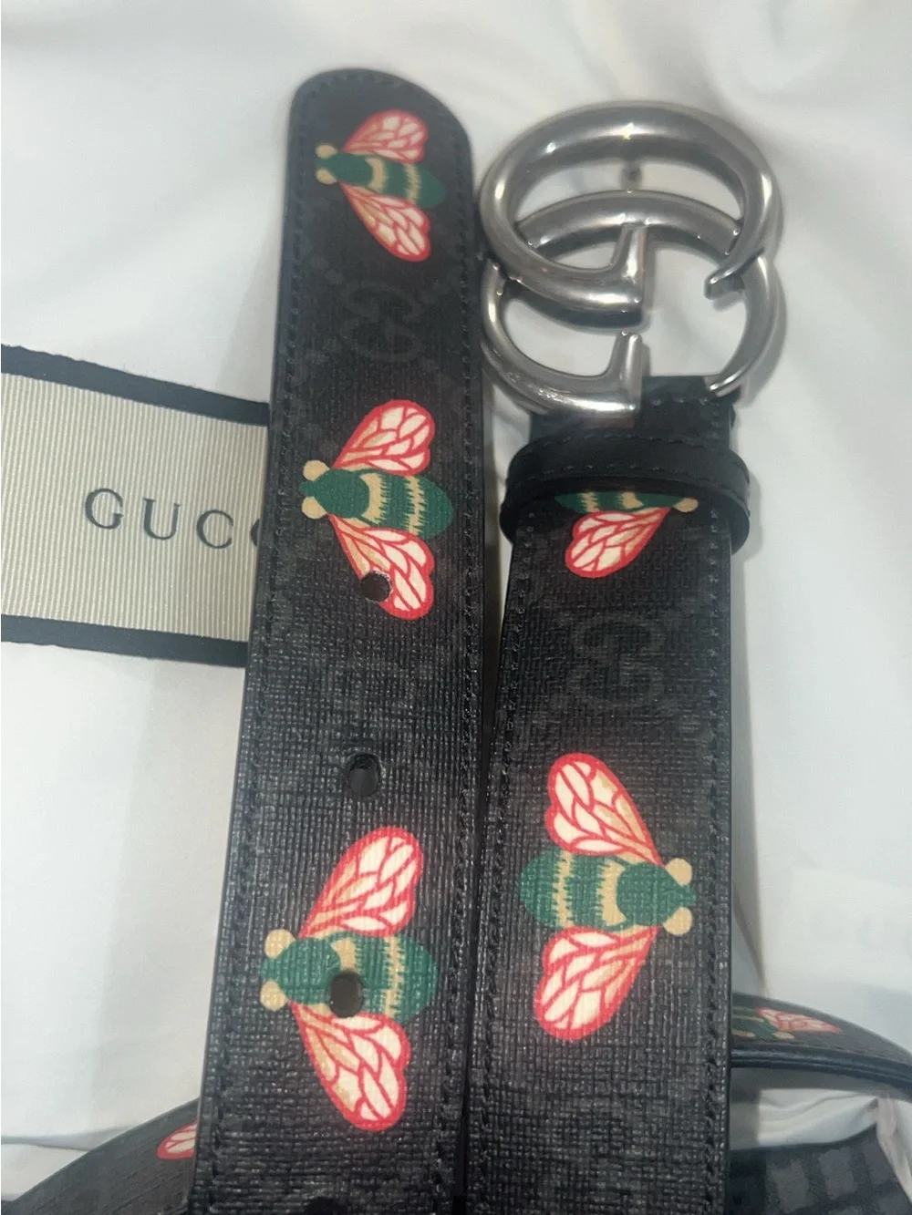 Gucci Black Coated Canvas GG Buckle Belt with Bee Design